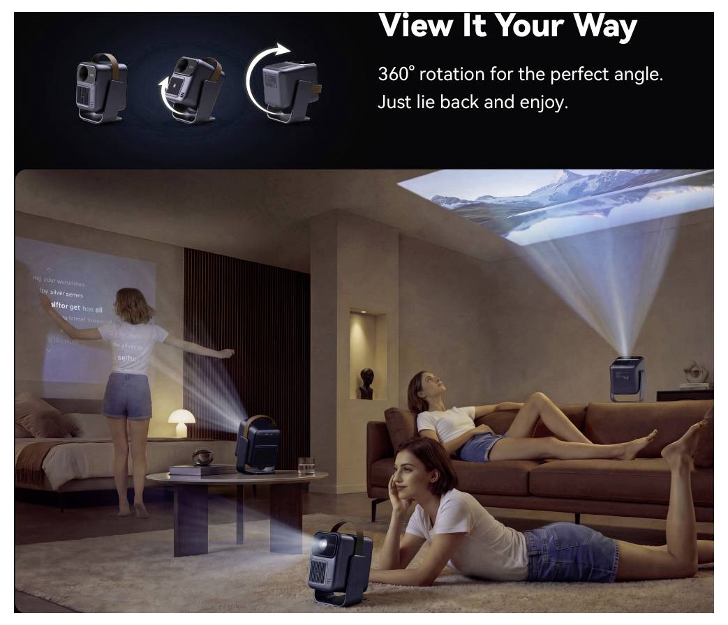 Proiettore rotante a 360°, mostrato mentre si inclina per proiettare film su parete e soffitto in un accogliente soggiorno.