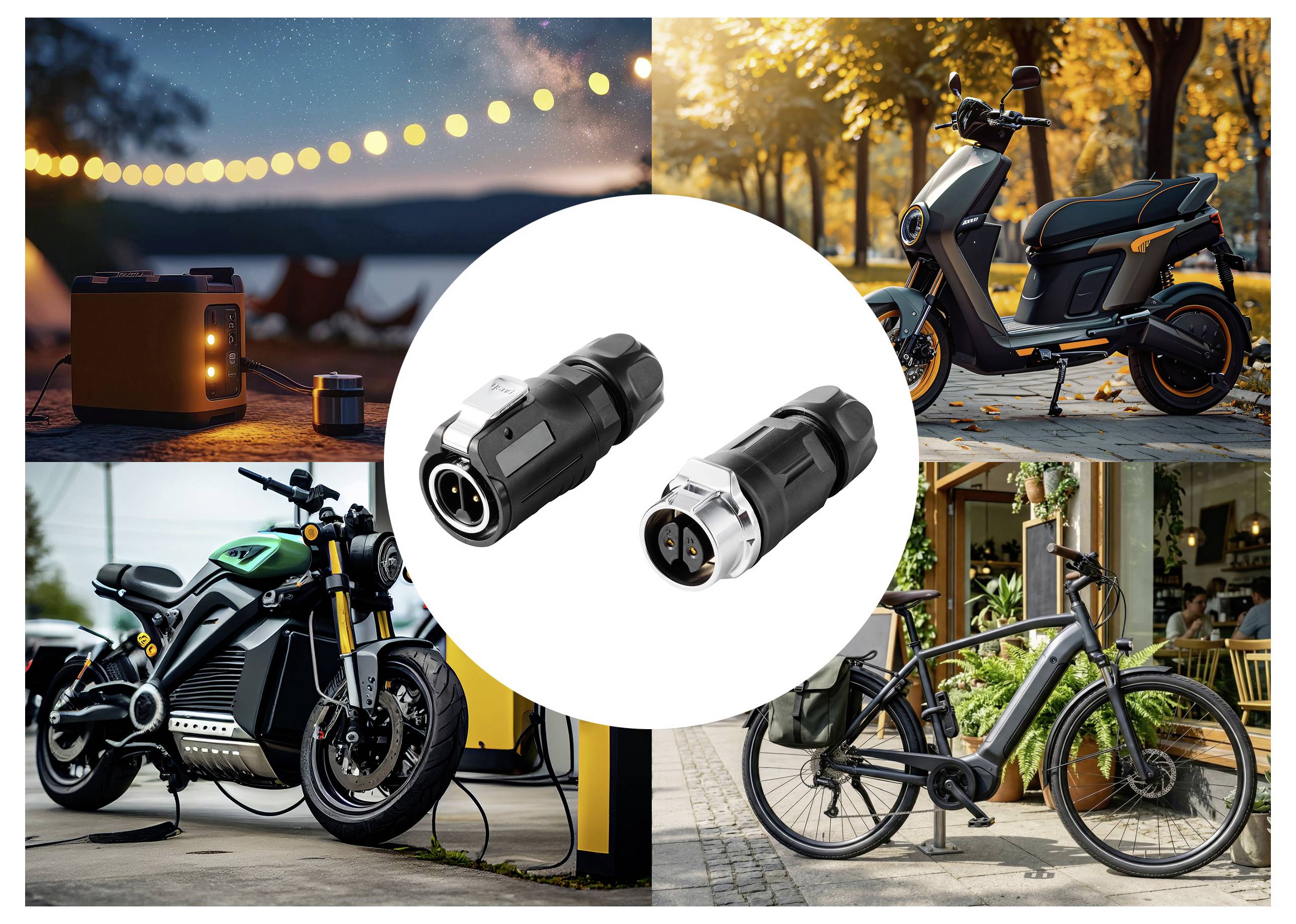 Due adattatori per connettori elettrici centrati in un cerchio, circondati da immagini di un monopattino, una motocicletta e un e-bike per mostrare l'uso di ricarica dei veicoli compatibili.