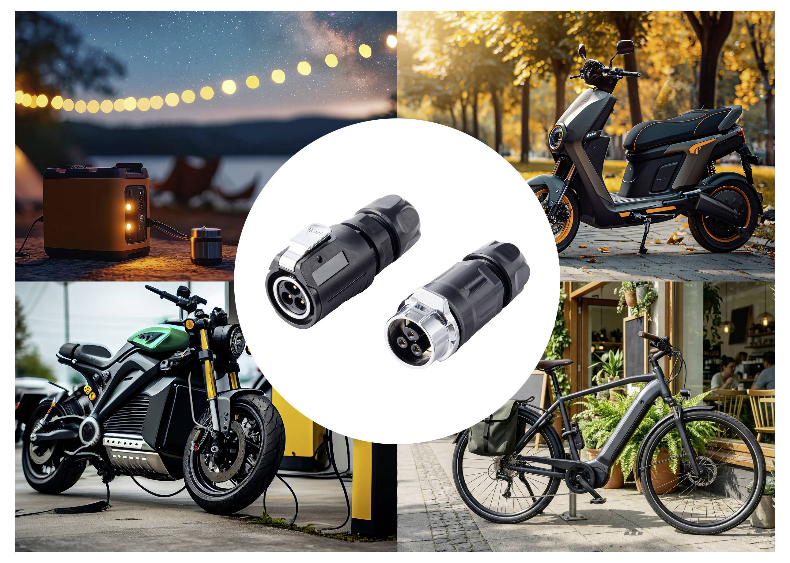 Due connettori elettrici neri centrati in un cerchio bianco, circondati da foto di uno scooter, una motocicletta, una bicicletta e attrezzature da campeggio che mostrano gli usi di ricarica di energia all'aperto.