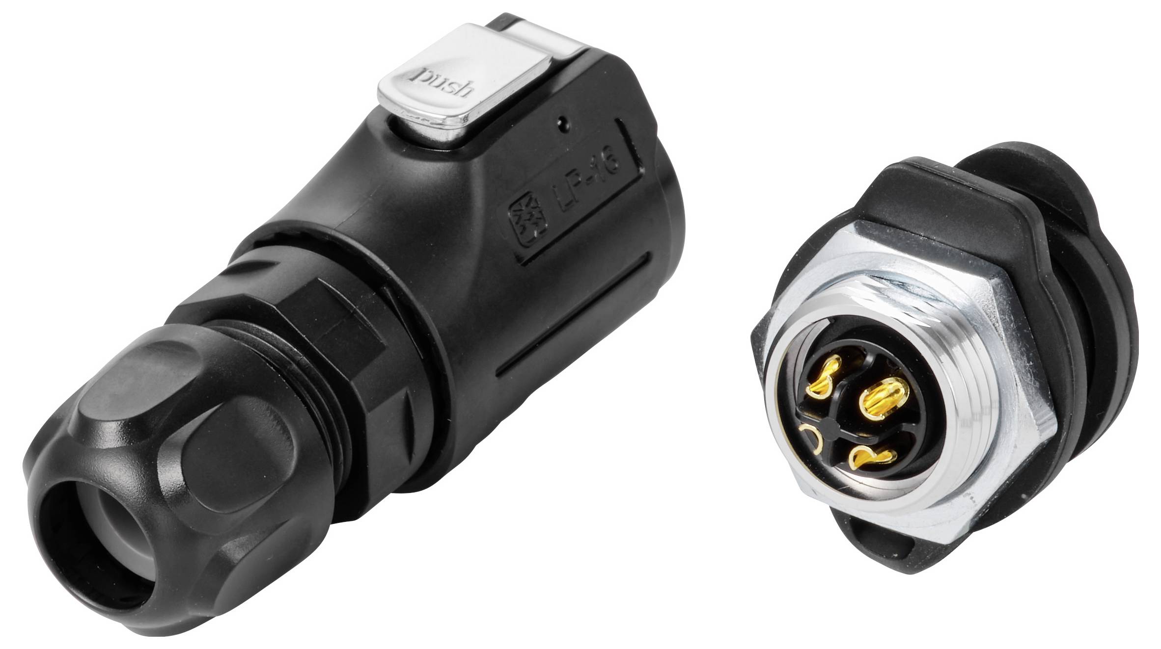 Spina di connettore elettrico industriale nero con socket panel abbinato mostrati separatamente su sfondo bianco, con alloggiamento filettato in metallo e contatti placcati oro.