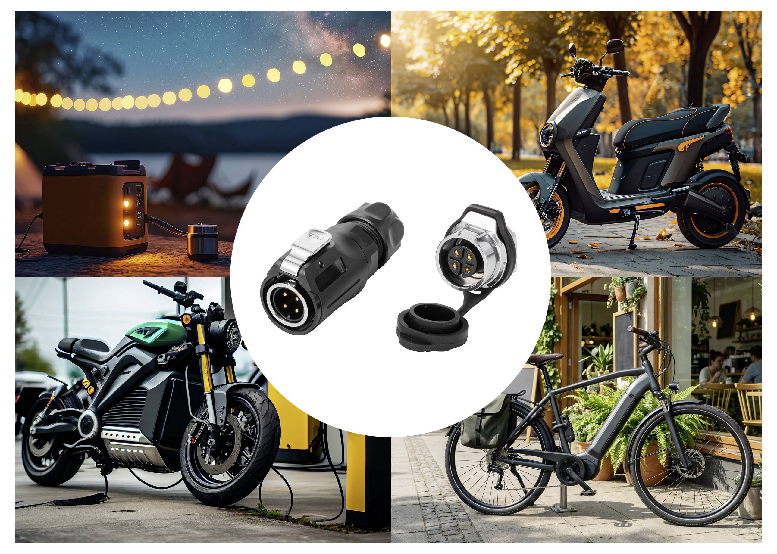 Composito pubblicitario che mostra un connettore elettrico impermeabile al centro, circondato da monopattini, e-bike, motocicletta e scene di campeggio all'aperto per suggerire l'uso in veicoli outdoor.