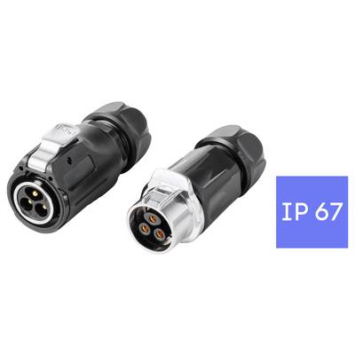 Due connettori circolari industriali neri, uno con un anello di bloccaggio argentato, mostrati accanto a un'etichetta "IP 67" che indica resistenza alla polvere e all'acqua.