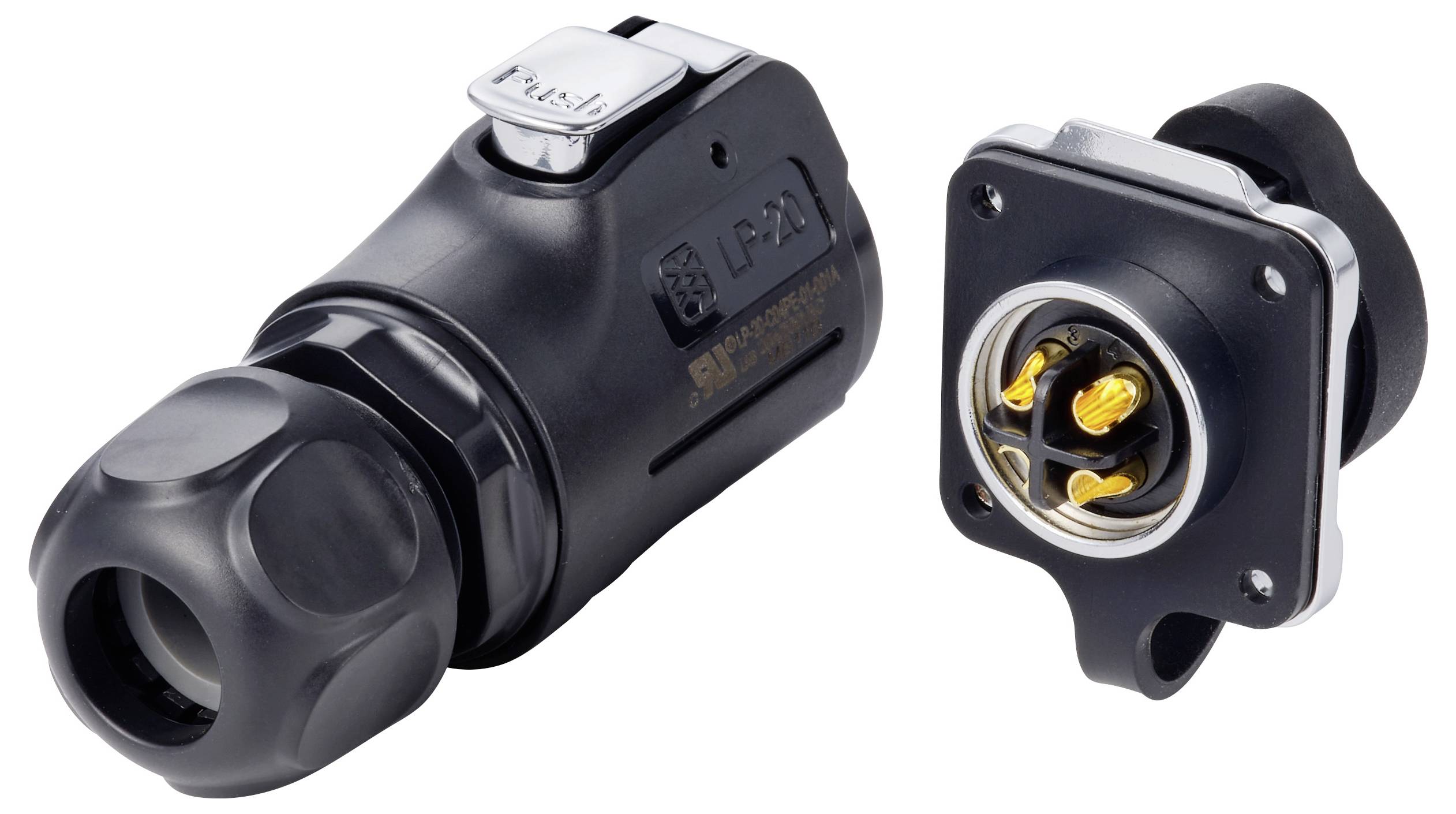Due connettori industriali per cavi neri, uno spinotto e una presa a montaggio pannello, mostrati su sfondo bianco.