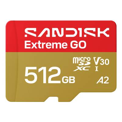 Scheda microSD SanDisk Extreme GO, 512 GB, con marcature classe di velocità V30, U3 e A2.