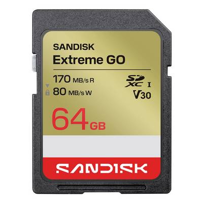 Scheda SD SanDisk Extreme GO 64GB con velocità di lettura 170 MB/s, velocità di scrittura 80 MB/s e classificazioni di velocità V30/U3.