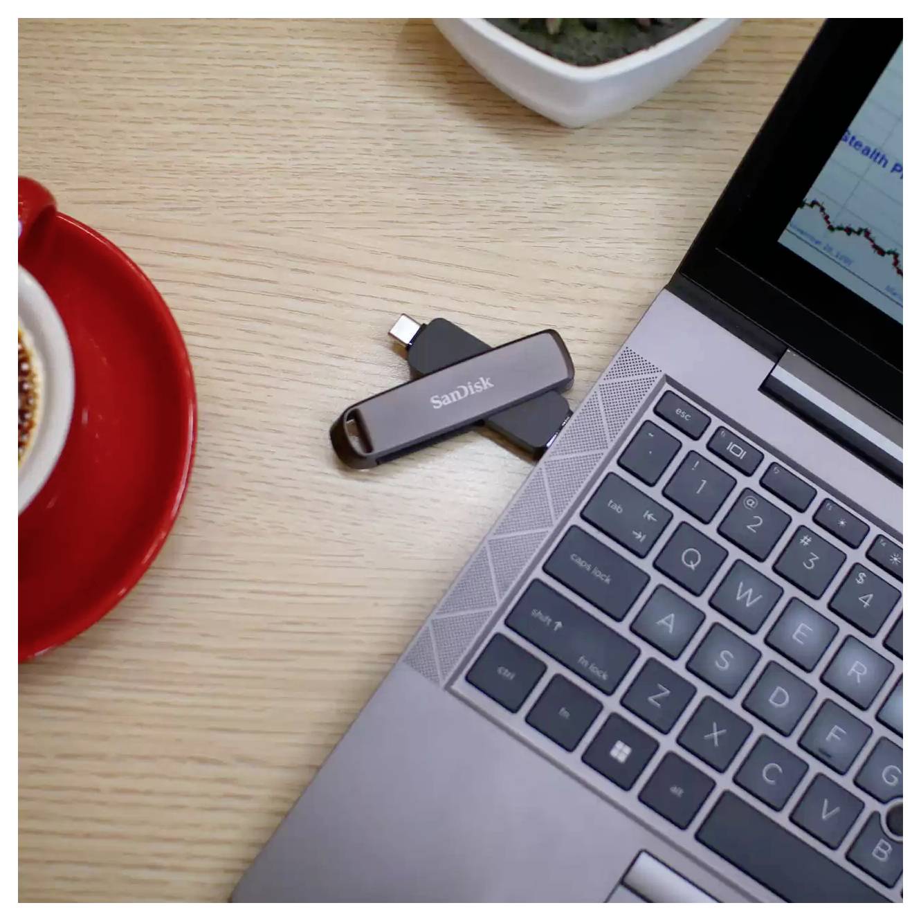 Laptop su una scrivania con una chiavetta USB SanDisk inserita accanto, vicino a un piatto rosso e a un piccolo vaso di pianta.