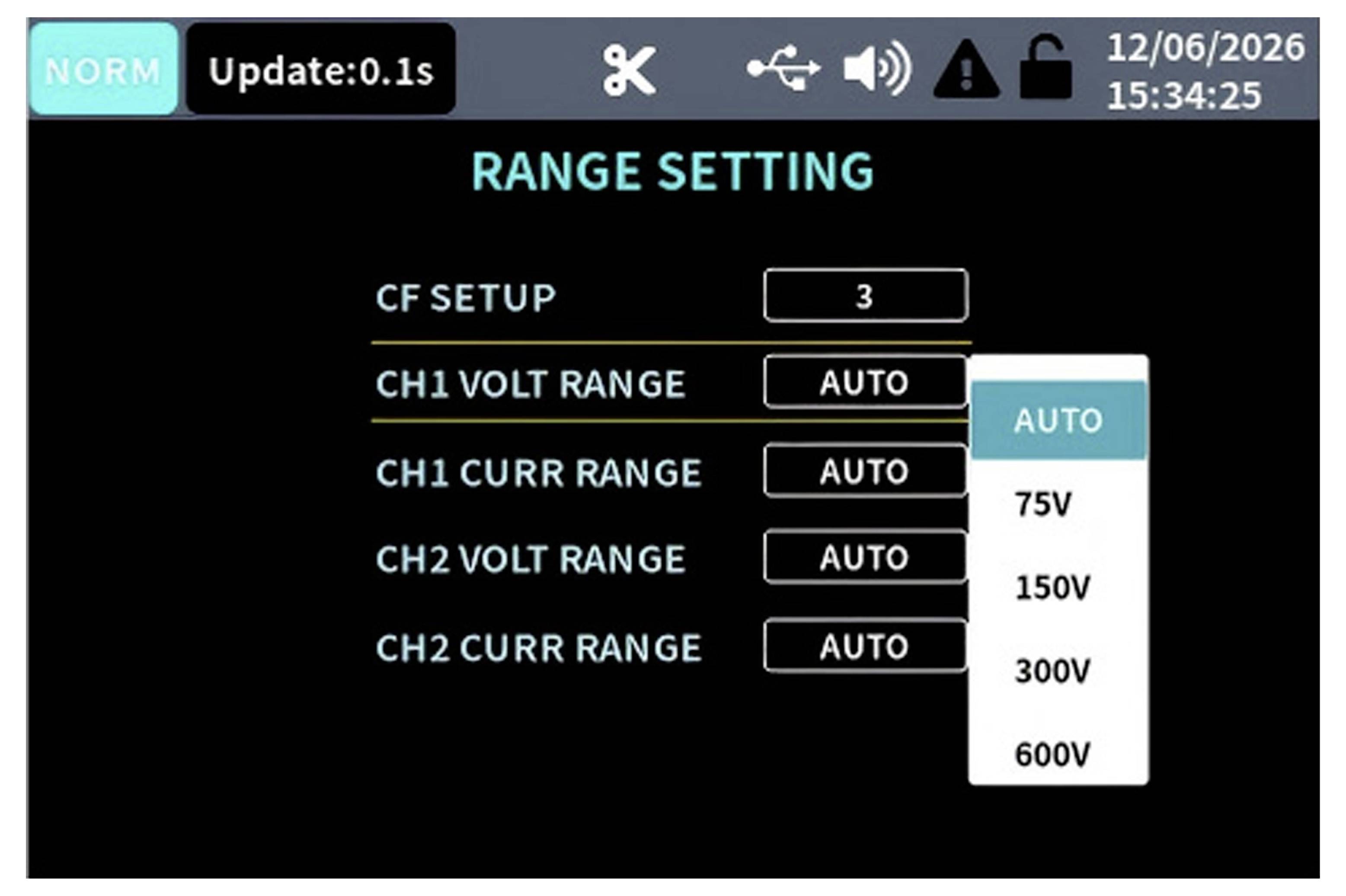 Schermata di impostazione dell'intervallo che mostra la configurazione CF 3 e gli intervalli di tensione e corrente CH1/CH2 impostati su AUTO, con un menu a discesa aperto che elenca AUTO, 75V, 150V, 300V e 600V per l'intervallo di tensione CH1.