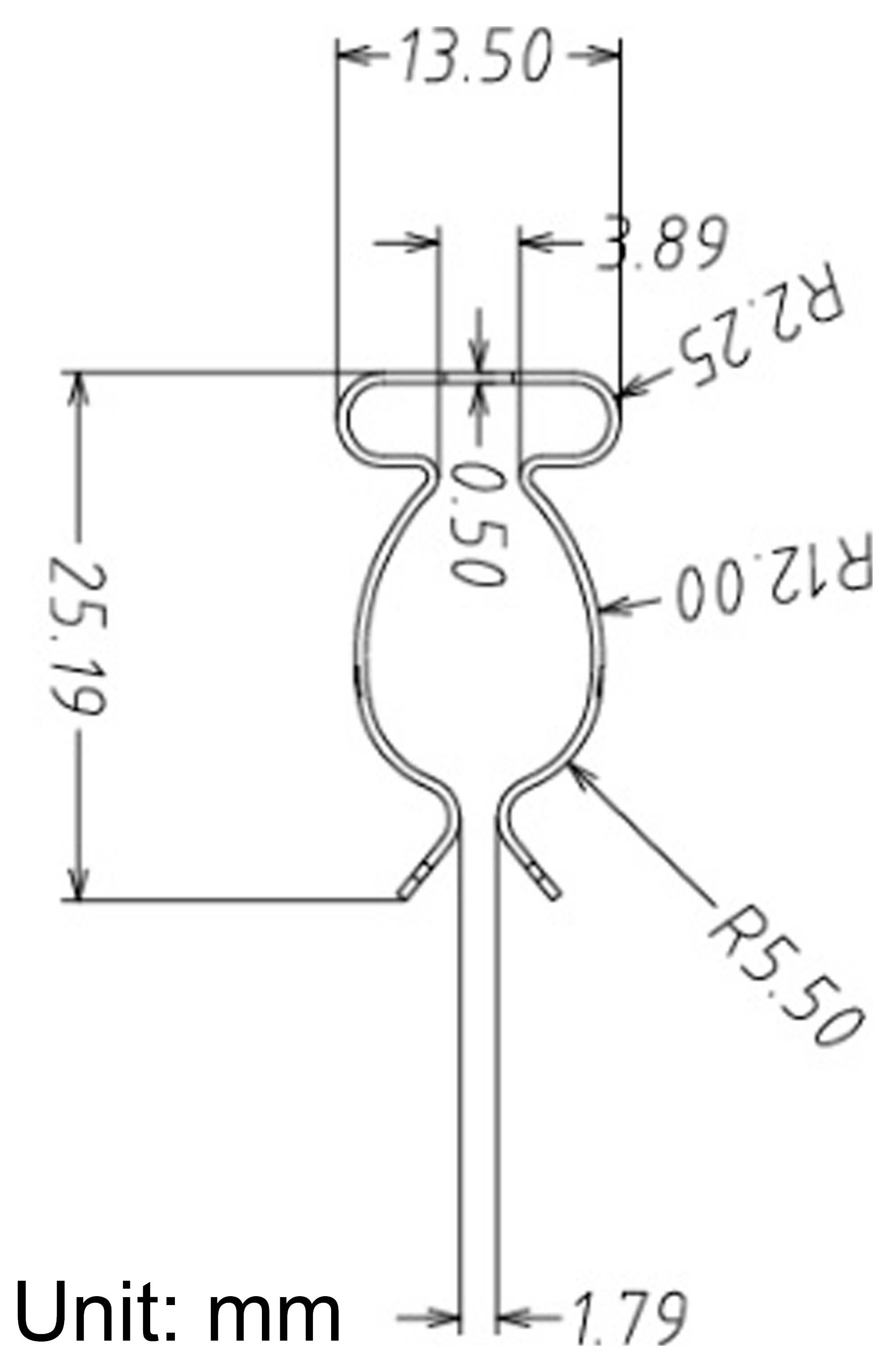 Disegno tecnico di un profilo in sezione trasversale, quotato in millimetri, che mostra un'altezza di 25,19 mm, una larghezza di 13,50 mm, uno spessore di 1,79 mm e raggi R2,25, R12,00 e R5,50.