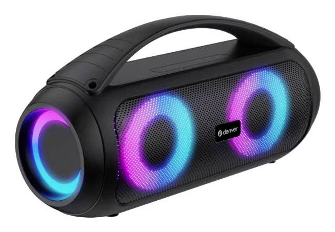 Altoparlante Bluetooth portatile nero con maniglia e anelli LED blu-rosa luminosi sulla parte anteriore e laterale.