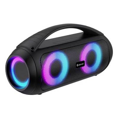 Altoparlante Bluetooth portatile nero con maniglia e anelli LED blu-rosa luminosi sulla parte anteriore e laterale.