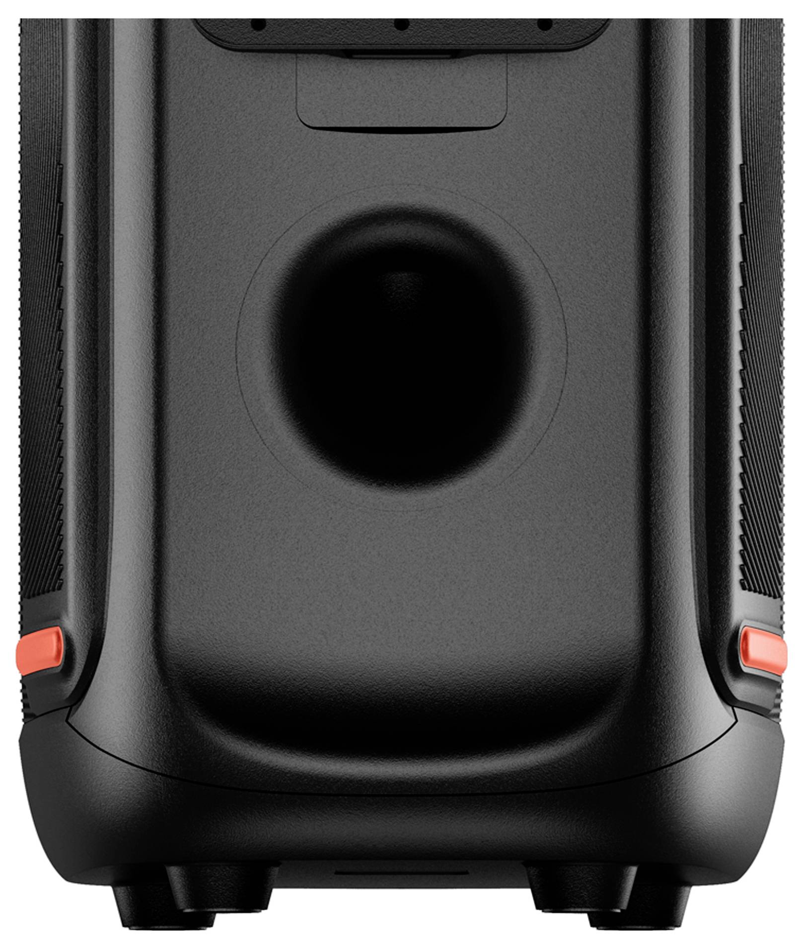 Altoparlante portatile nero ripreso da dietro, con una porta circolare centrale e controlli laterali arancioni.