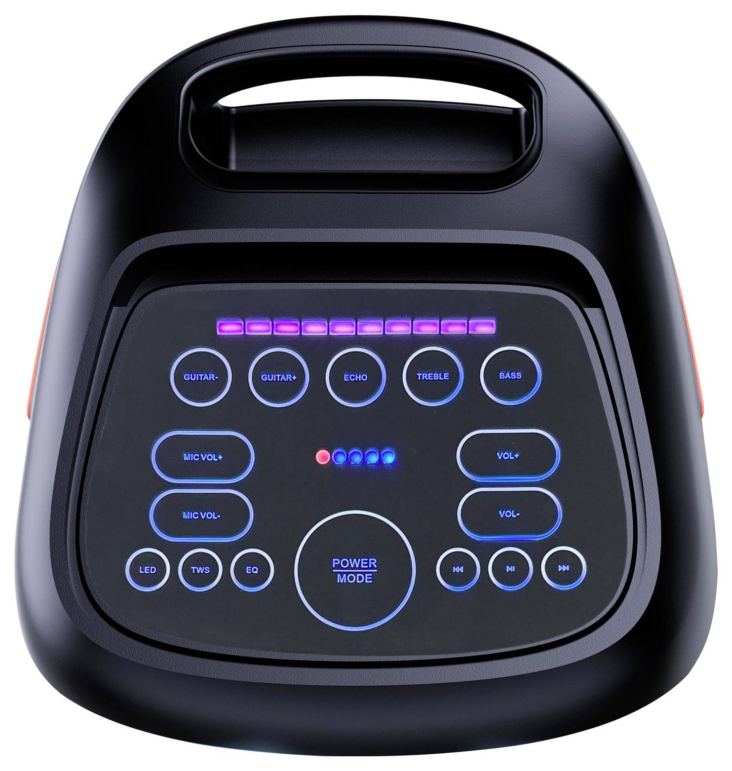 Vista anteriore di un pannello di controllo di un altoparlante portatile o di una macchina per il karaoke con pulsanti illuminati per chitarra, eco, acuti, bassi, volume del microfono, modalità di alimentazione e controlli di riproduzione.