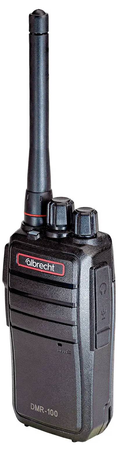 Radio portatile Black Albrecht DMR-100 con antenna lunga, vista frontale.