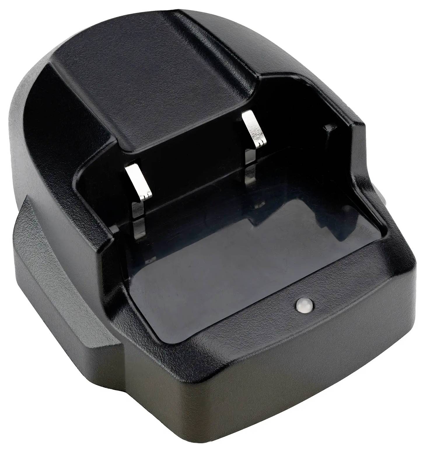 Dock di ricarica batteria nero con due pin di contatto in metallo e una spia luminosa frontale, mostrato su uno sfondo bianco.