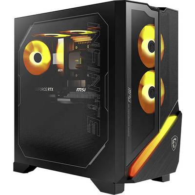 Torre desktop gaming MSI con pannello laterale in vetro temperato, ventole illuminate in arancione e branding grafica GeForce RTX.