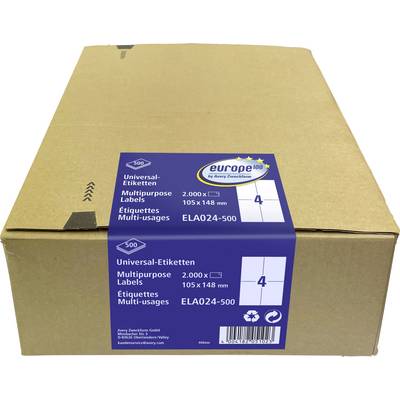 Scatola di cartone marrone sigillata con un foglio di etichetta blu, confezione di etichette multifunzione 'Universal-etiketten', dimensioni 105 x 148 mm, 500 fogli