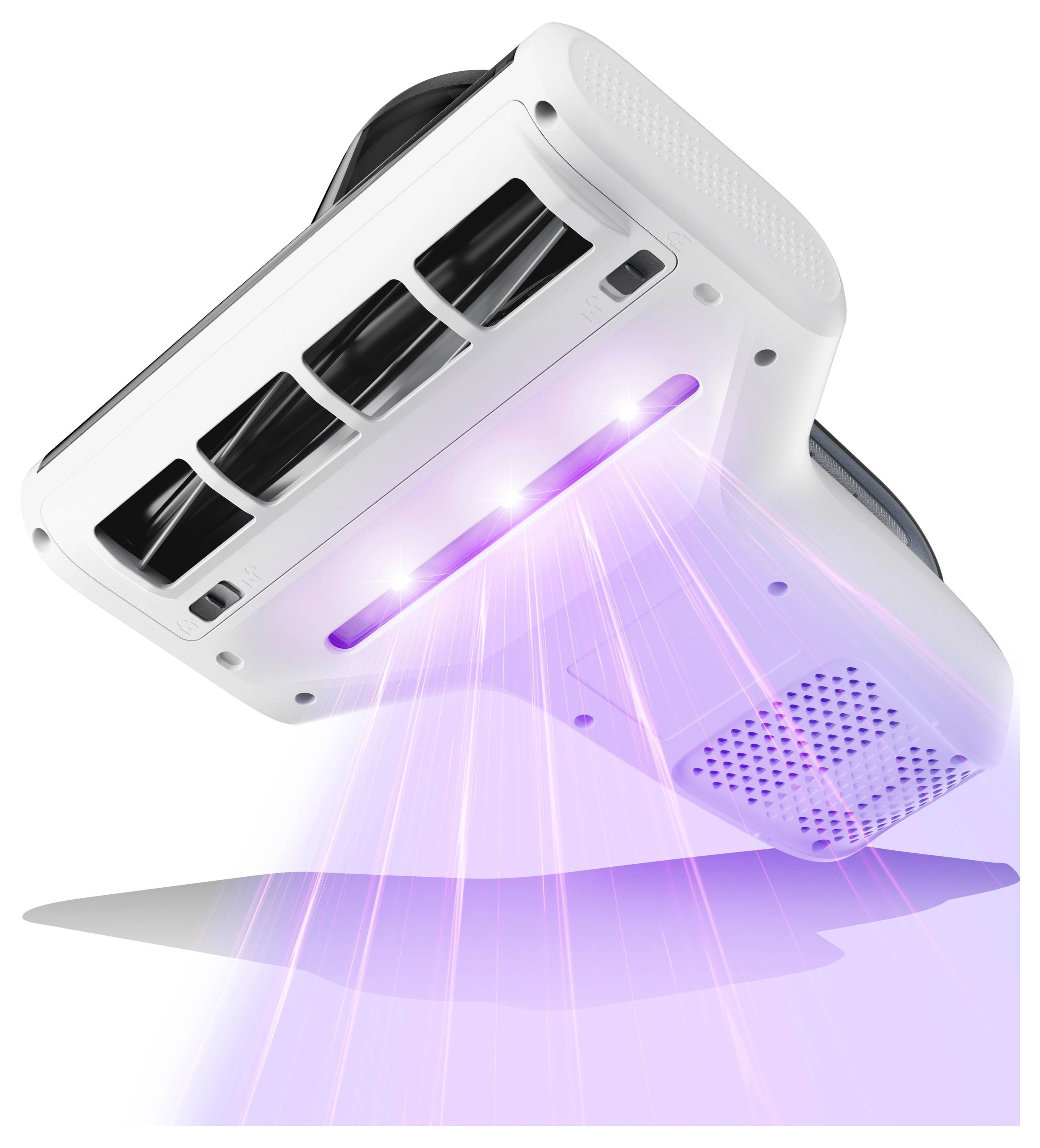 Illustrazione di un proiettore portatile che proietta un fascio di luce viola luminoso verso il basso.