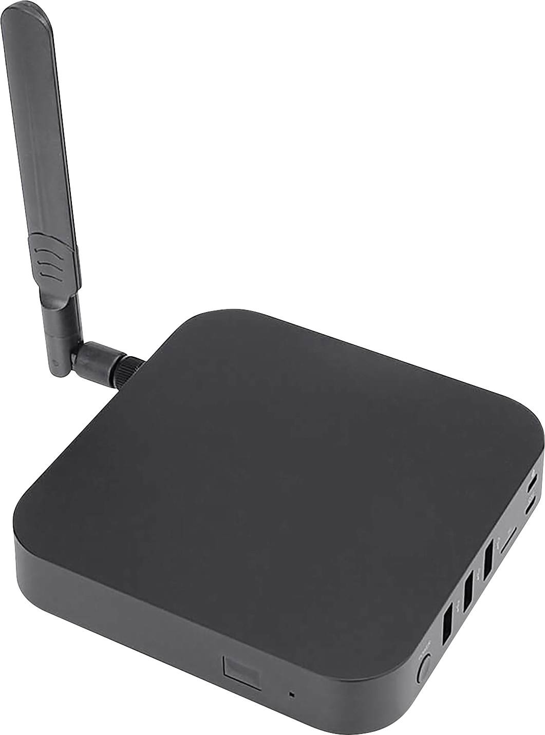 Dispositivo wireless rettangolare nero con una singola antenna esterna e porte laterali, mostrato su uno sfondo bianco.