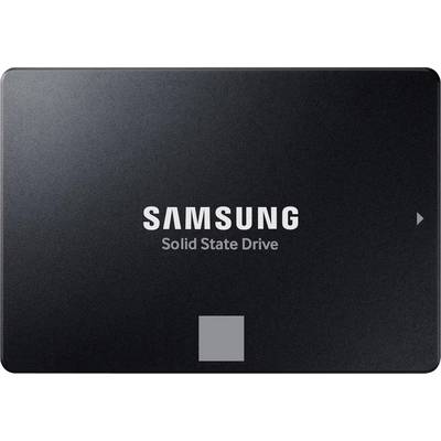 Vista frontale di un'unità a stato solido Samsung, dispositivo rettangolare nero con logo al centro e piccola icona di freccia sulla destra.