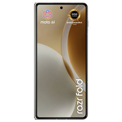 Motorola Razr smartphone pieghevole mostrato nelle viste frontale, posteriore e laterale in nero, con doppia fotocamera posteriore e marchio 'razr' sul display.