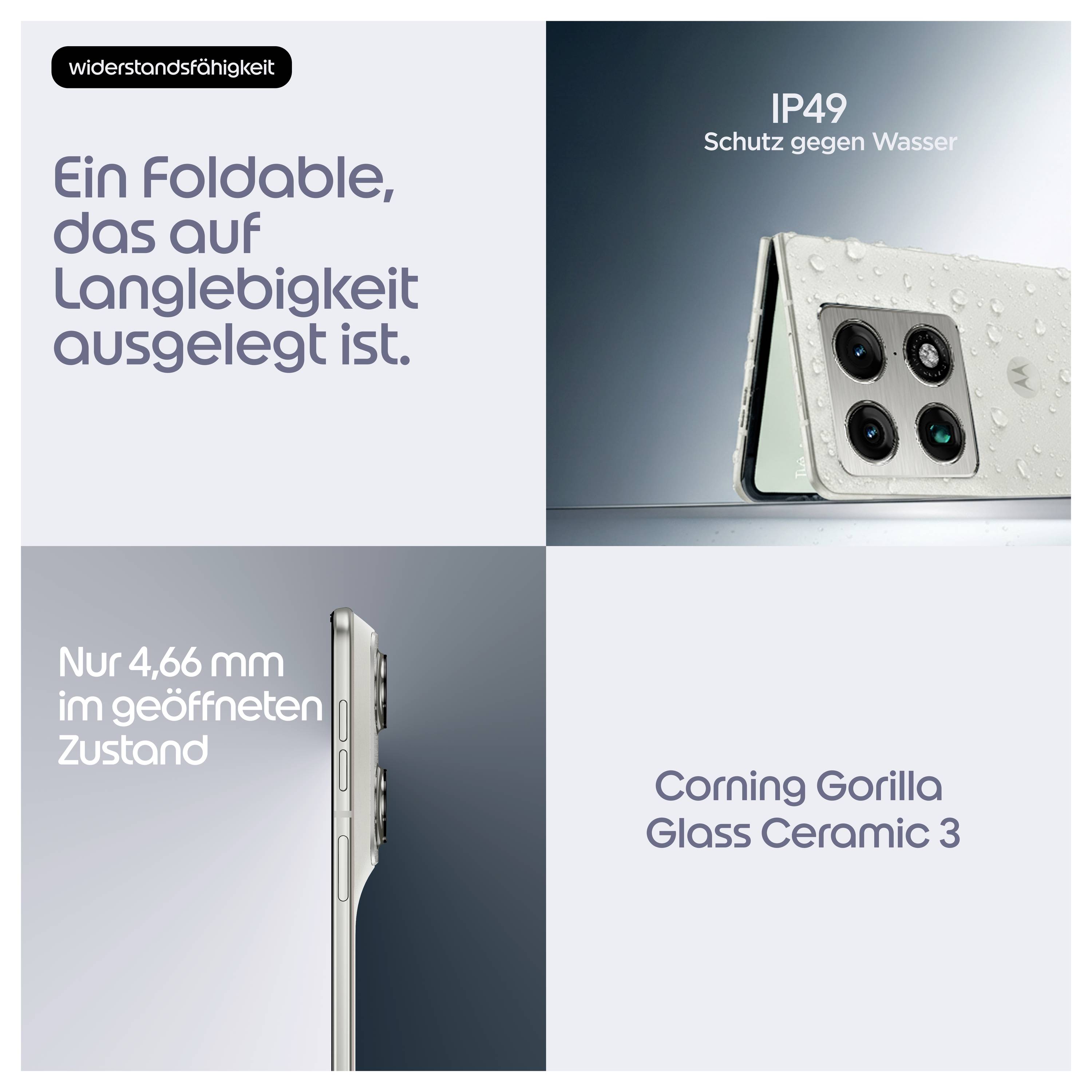 Grafica promozionale per un telefono pieghevole che evidenzia la durata: resistenza all'acqua IP49, spessore di 4,66 mm quando aperto, e Corning Gorilla Glass Ceramic 3.