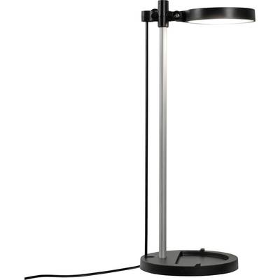 Lampada da tavolo moderna in nero e argento con base rotonda, palo verticale e testata luminosa orizzontale regolabile; cavo di alimentazione visibile.