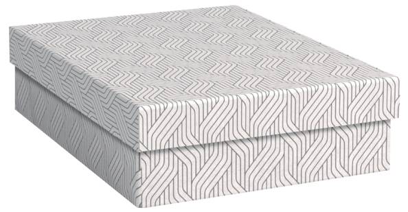 Scatola di stoccaggio rettangolare con motivo decorativo e coperchio, mostrata chiusa su sfondo bianco.
