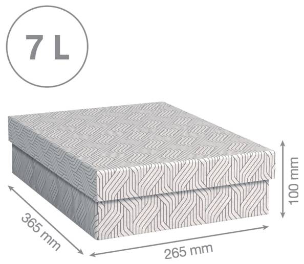 Scatola di conservazione con coperchio, etichettata 7 L; dimensioni 365 mm per 265 mm per 100 mm.