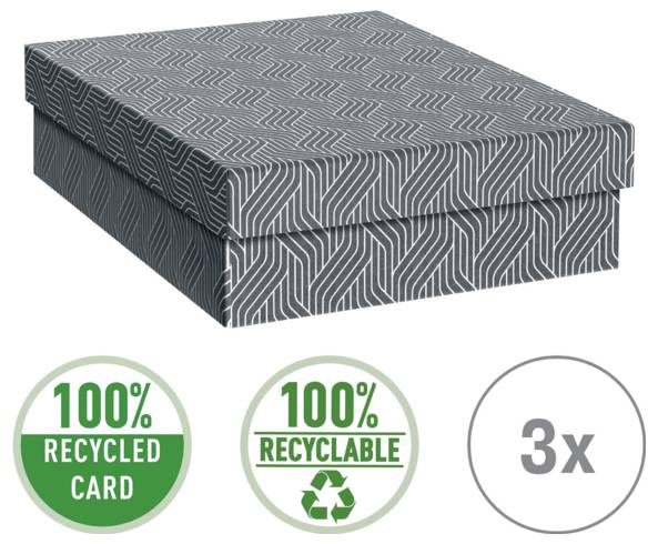 Scatola di cartone con motivi decorativi con etichette che indicano cartone 100% riciclato, 100% riciclabile, e durabilità 3x superiore.