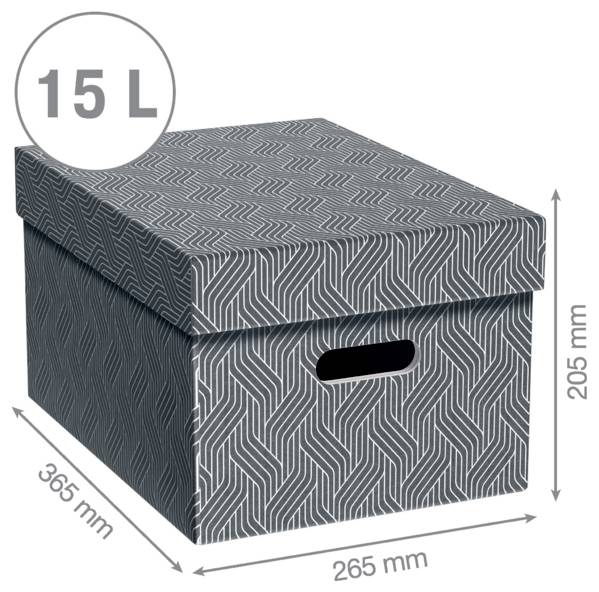 Scatola di archiviazione decorata con coperchio e ritaglio per maniglia anteriore, etichettata 15 L, con misure di 365 mm per 265 mm per 205 mm.