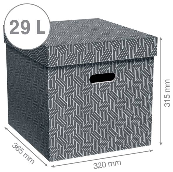 Scatola di stoccaggio grigia con motivo, coperchio e ritaglio per la maniglia, etichettata 29 L; le dimensioni mostrate sono 320 mm di larghezza, 365 mm di profondità, 315 mm di altezza.