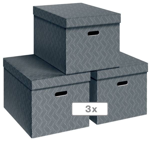 Tre scatole di archiviazione grigie con texture impilate insieme, con un'etichetta che mostra '3x'.