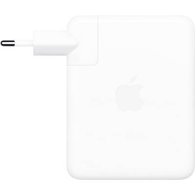 Adattatore di alimentazione Apple bianco con spina collegata mostrato su uno sfondo neutro.