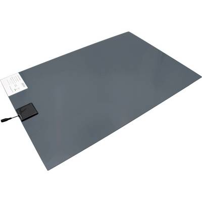 Tappeto riscaldante di colore grigio scuro con cavo di alimentazione e piccola unità di controllo collegata a un angolo su sfondo bianco.