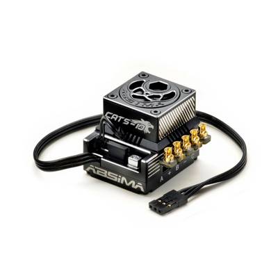 Piccolo modulo elettronico nero con ventola di raffreddamento e connettori dorati, mostrato con cavi collegati su sfondo bianco.