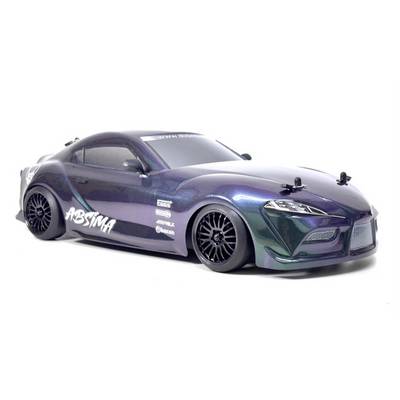 Modello di auto sportiva modificata viola e verde con decalcomanie da corsa, mostrato in vista laterale su sfondo bianco.