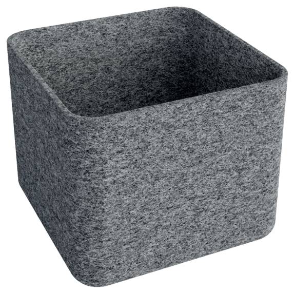 Contenitore di stoccaggio in feltro grigio con apertura superiore e angoli arrotondati su sfondo bianco.