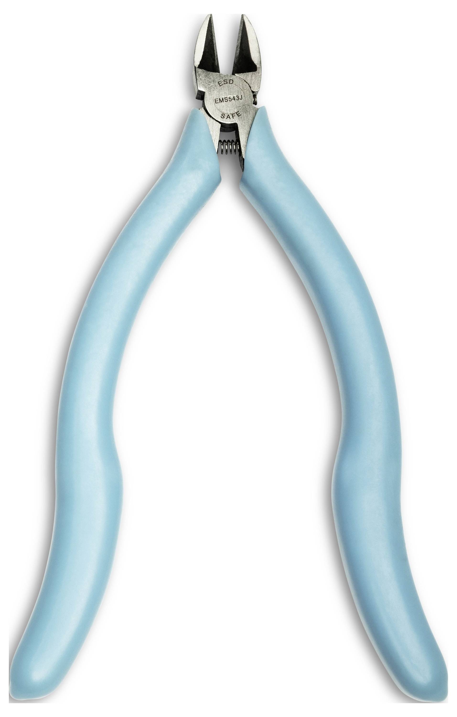 Pinze a naso di ago con manico blu su sfondo bianco, mostrate aperte con mascelle appuntite rivolte a sinistra.