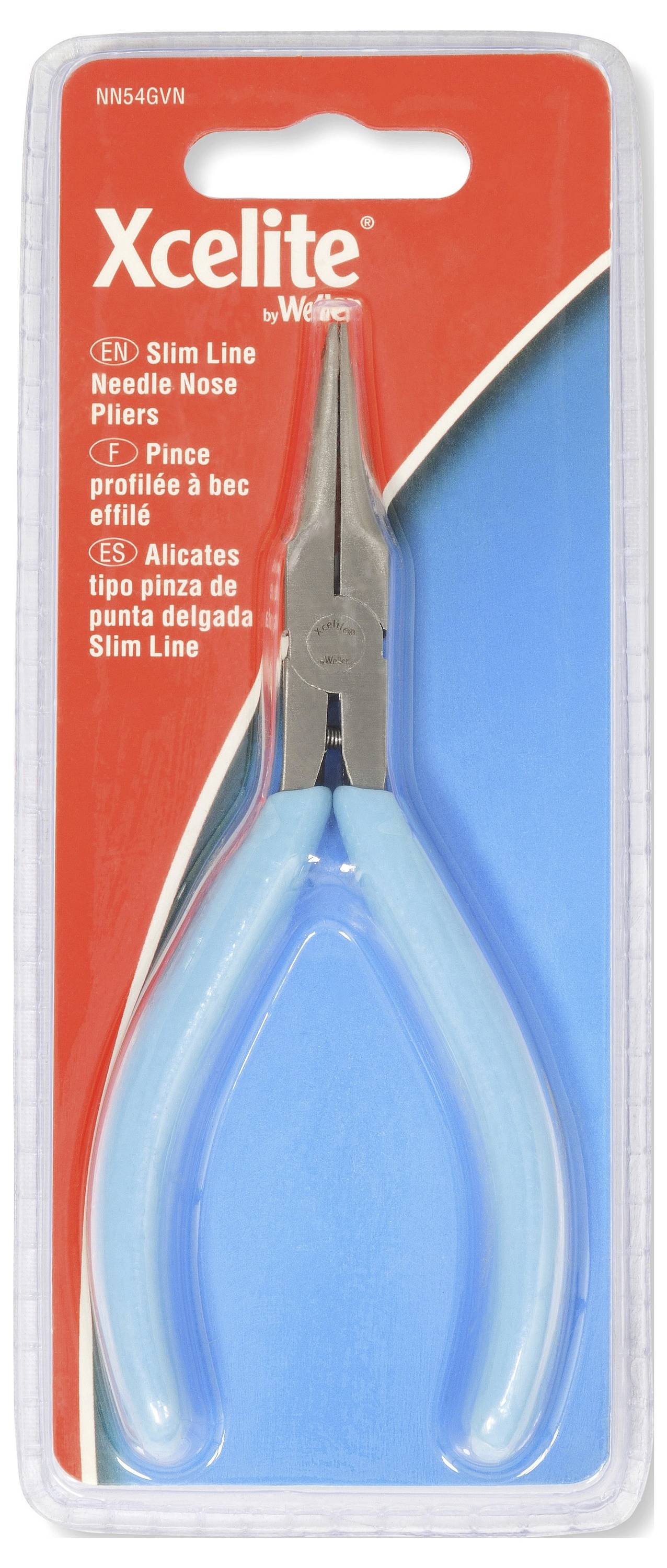 Pinze a naso sottile Xcelite 'Slim Line' confezionate con manici blu su una scheda di supporto rossa e blu.