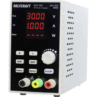 Vista frontale di un alimentatore DC VOLTCRAFT ESP-310 che mostra 30.00 V e 1.000 A, con pulsanti di controllo, manopola e terminali di uscita.