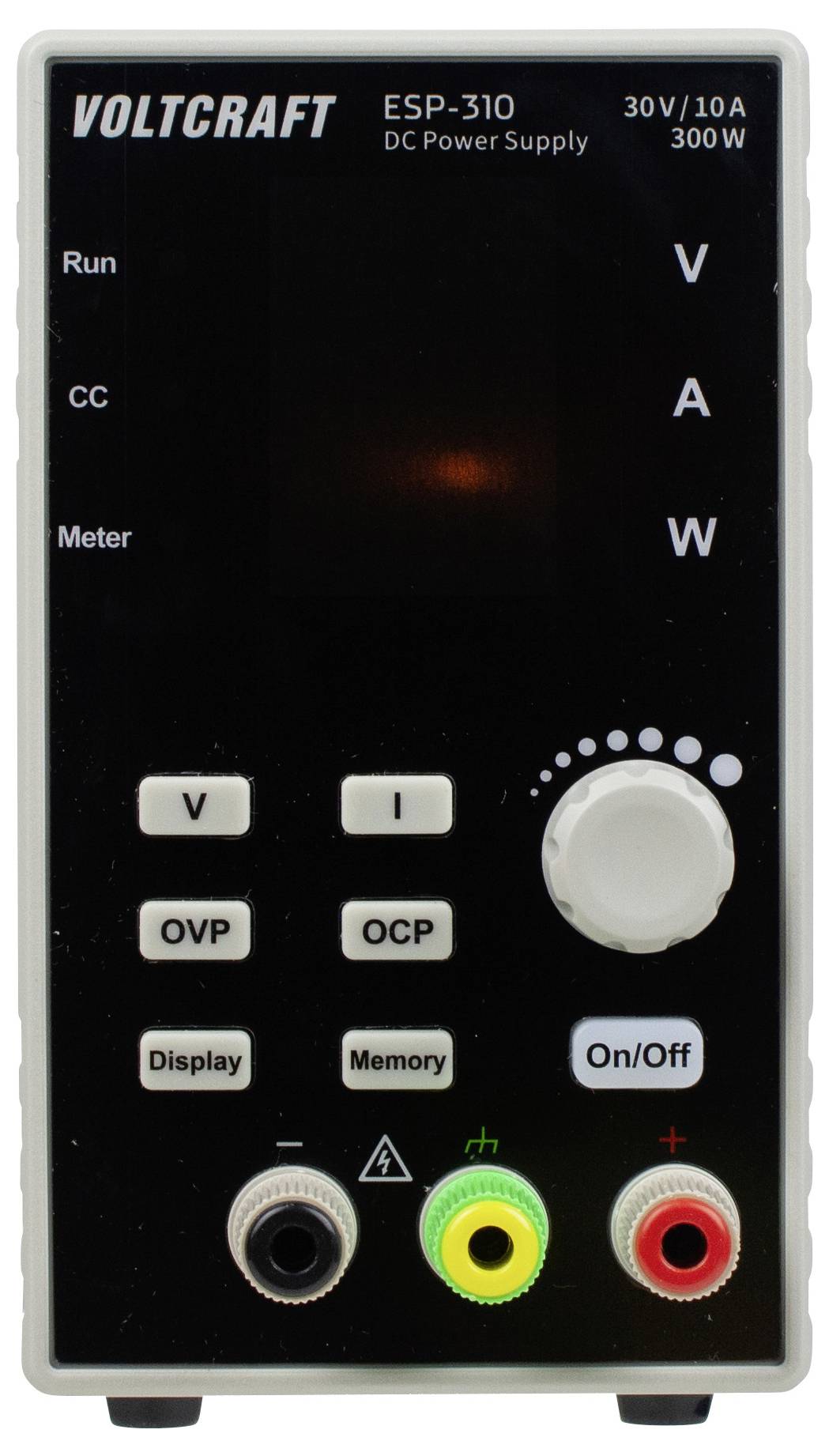 Vista frontale di un alimentatore CC Voltcraft ESP-310 con display digitale, manopole di controllo e terminali etichettati per tensione, corrente e watt.