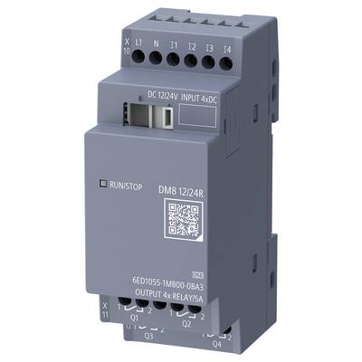 Modulo di espansione Siemens DM8 230R grigio con morsetti di ingresso etichettati, ingresso AC/DC 115..240V, quattro uscite a relè, indicatore RUN/STOP e codice QR.