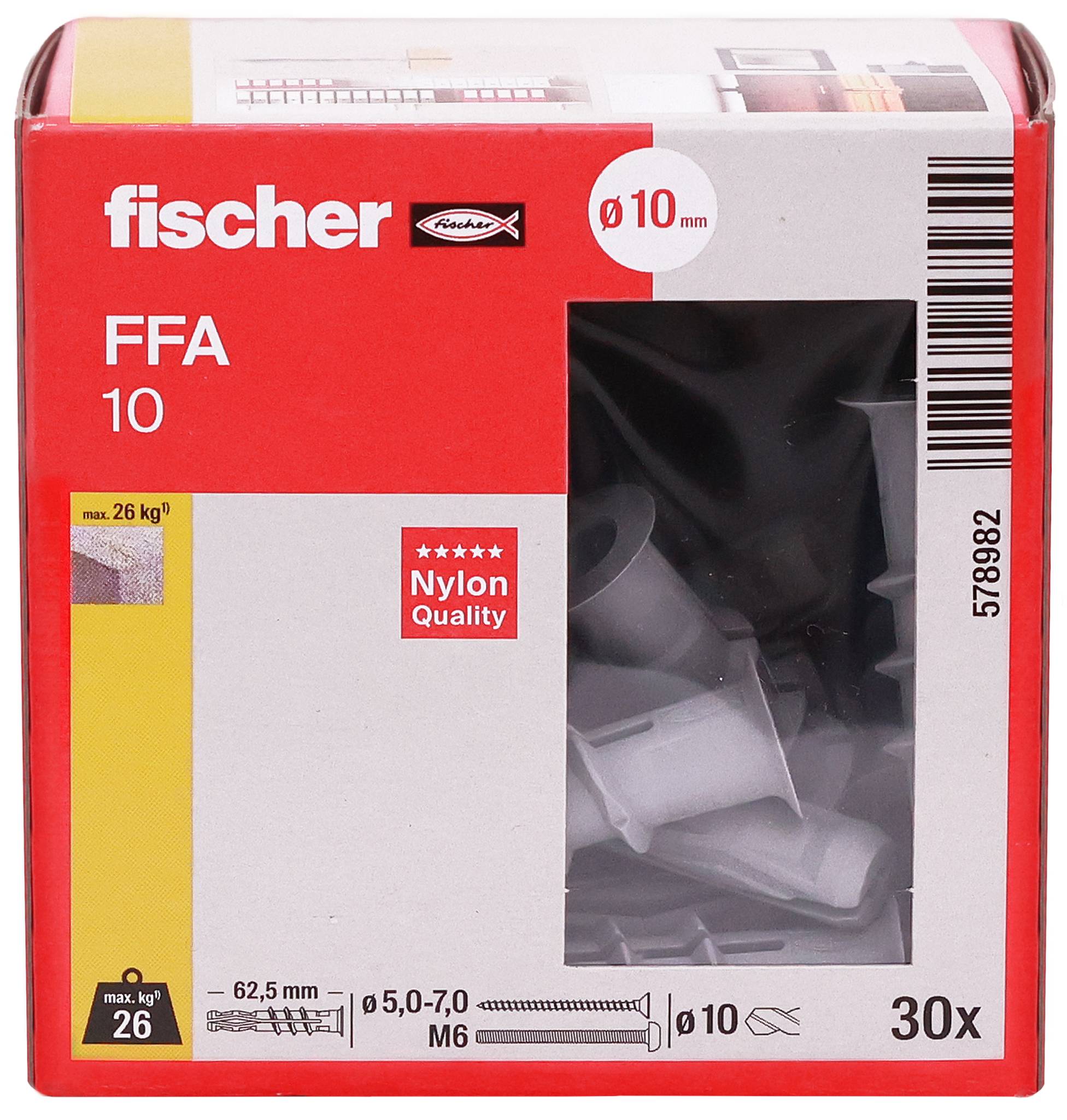Confezione per tasselli in nylon fischer FFA 10, diametro 10 mm, 30 pezzi, carico massimo 26 kg.