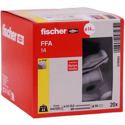 Scatola di ancore in nylon Red Fischer FFA 14, etichettata con '14 mm', '70 mm' e '20x', con finestra di visualizzazione dell'immagine del prodotto sulla parte anteriore.