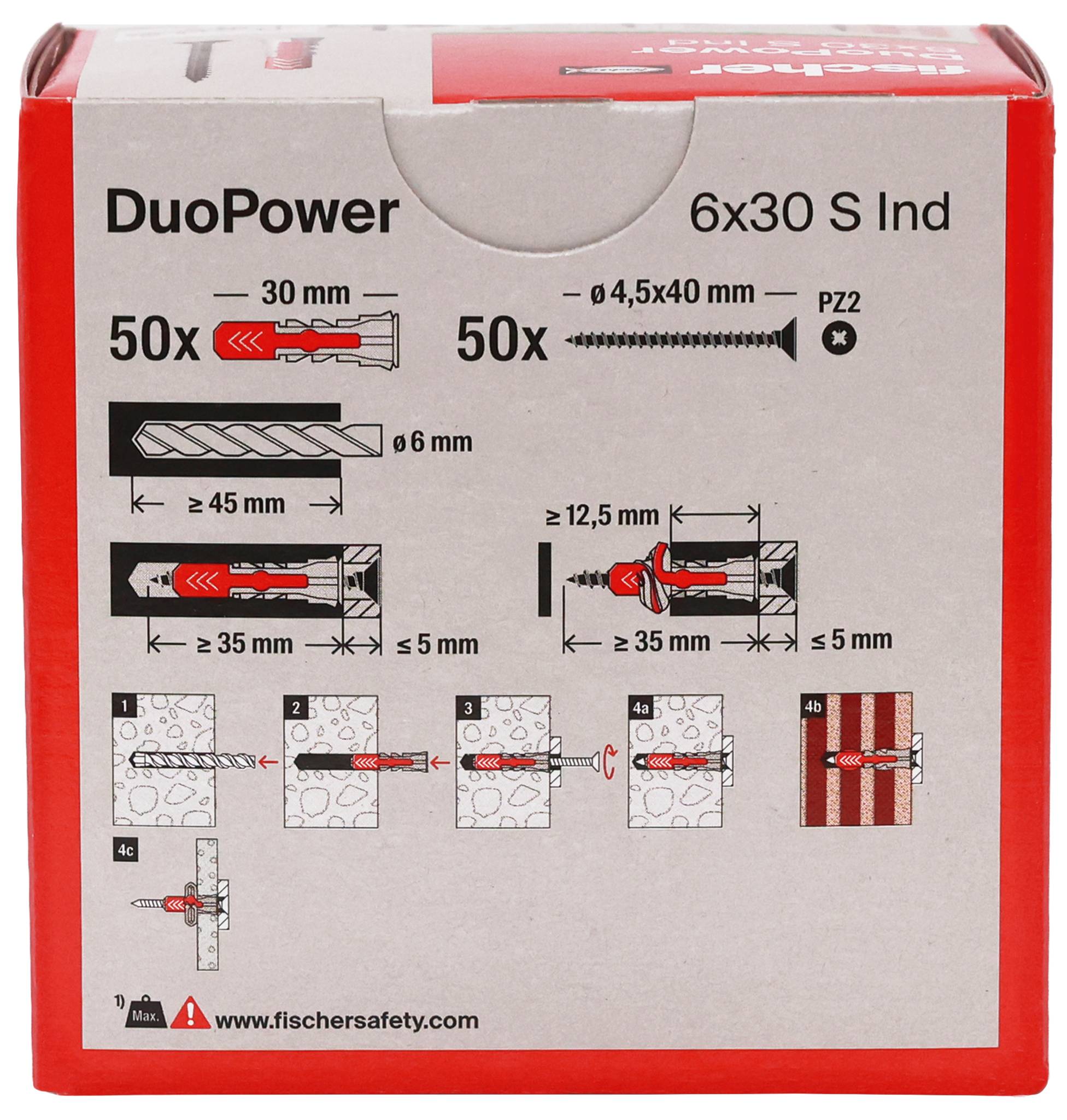 Confezione per tasselli da muro DuoPower 6x30 S Ind, che contiene 50 tasselli e 50 viti, con diagrammi di installazione e istruzioni sulla misura della punta del trapano.
