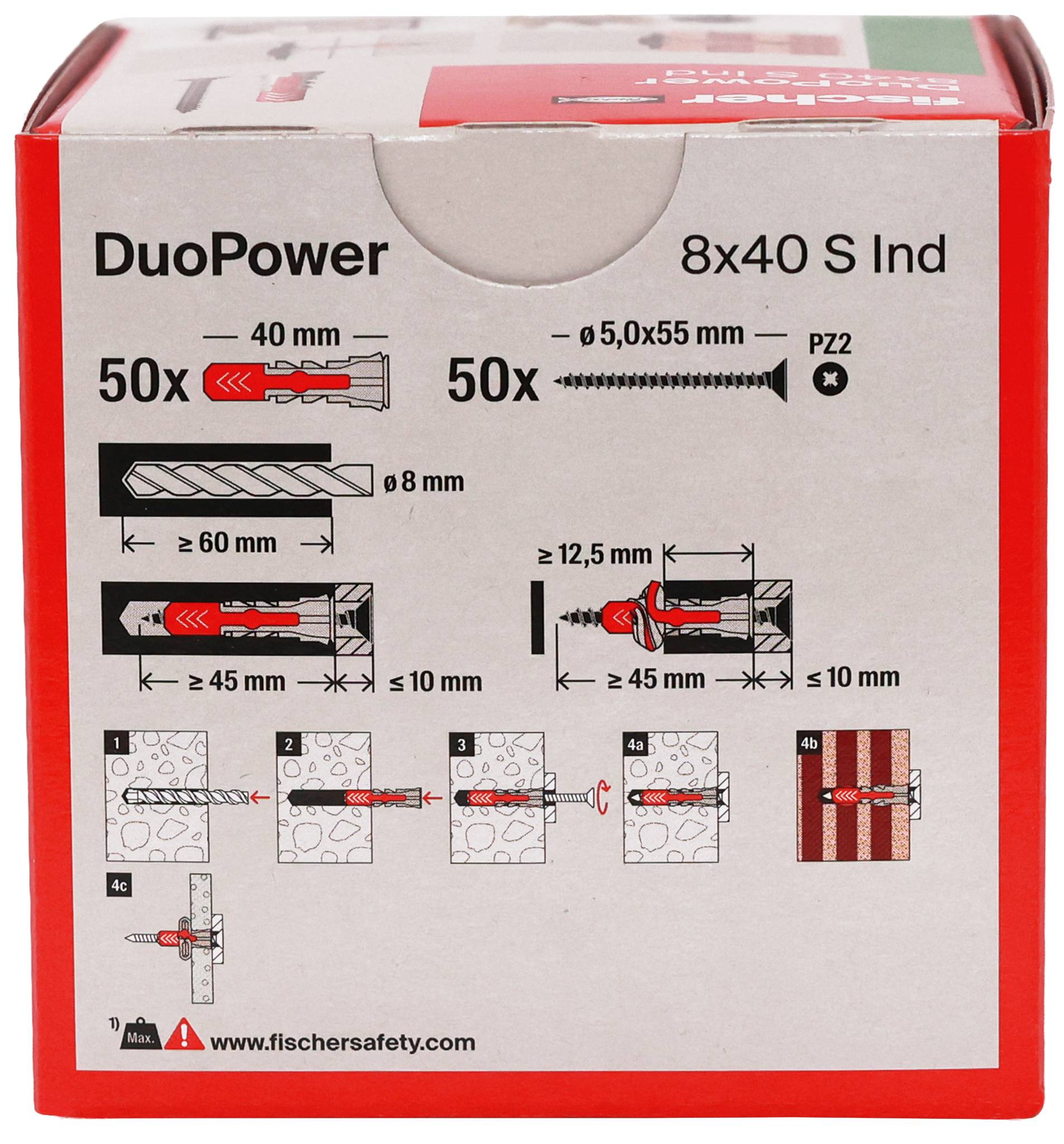 Scatola di imballaggio etichettata 'DuoPower 8x40 S Ind' che mostra le istruzioni di installazione di viti e tasselli da muro con diagrammi di dimensioni e profondità di foratura.
