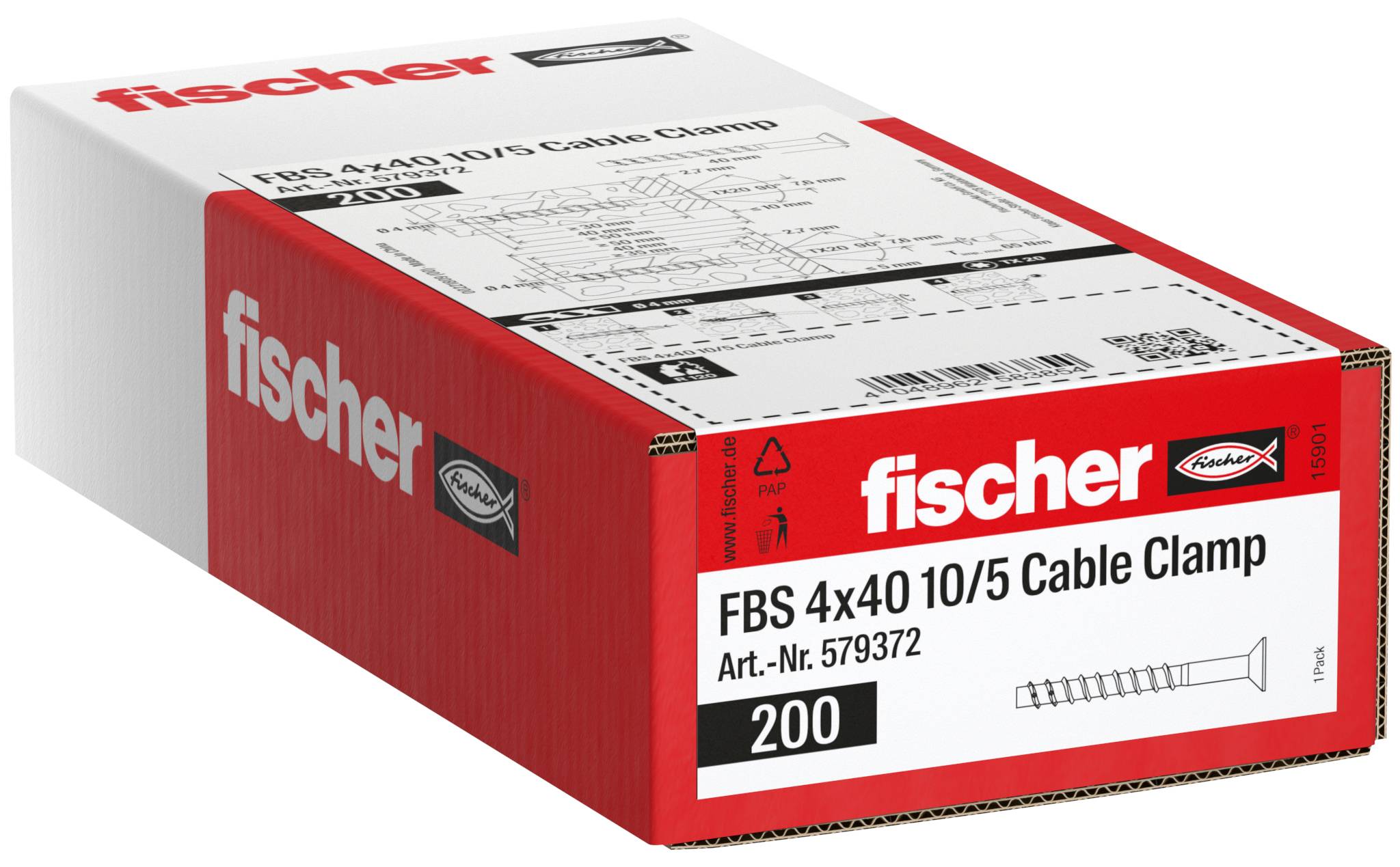 Scatola di Fischer FBS 4x40 10/5 morsetti per cavi, confezione da 200 pezzi con etichetta prodotto e illustrazione della vite.