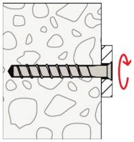 Diagramma di una vite ancorata in una parete o blocco di cemento, con una freccia curva rossa che indica che deve essere girata in senso orario per fissare o rimuovere.