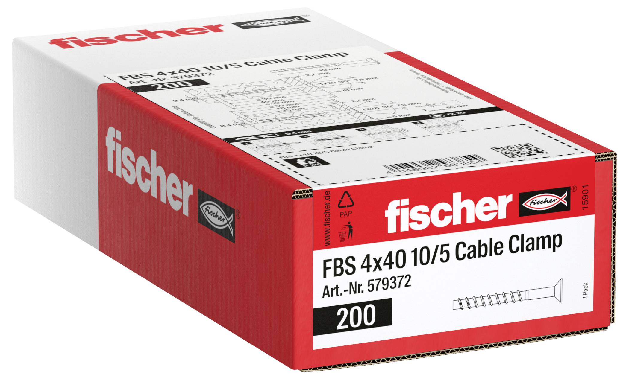 Scatola di fischer FBS 4x40 10/5 fascette per cavi, etichettata Art.-Nr. 579372, quantità 200.