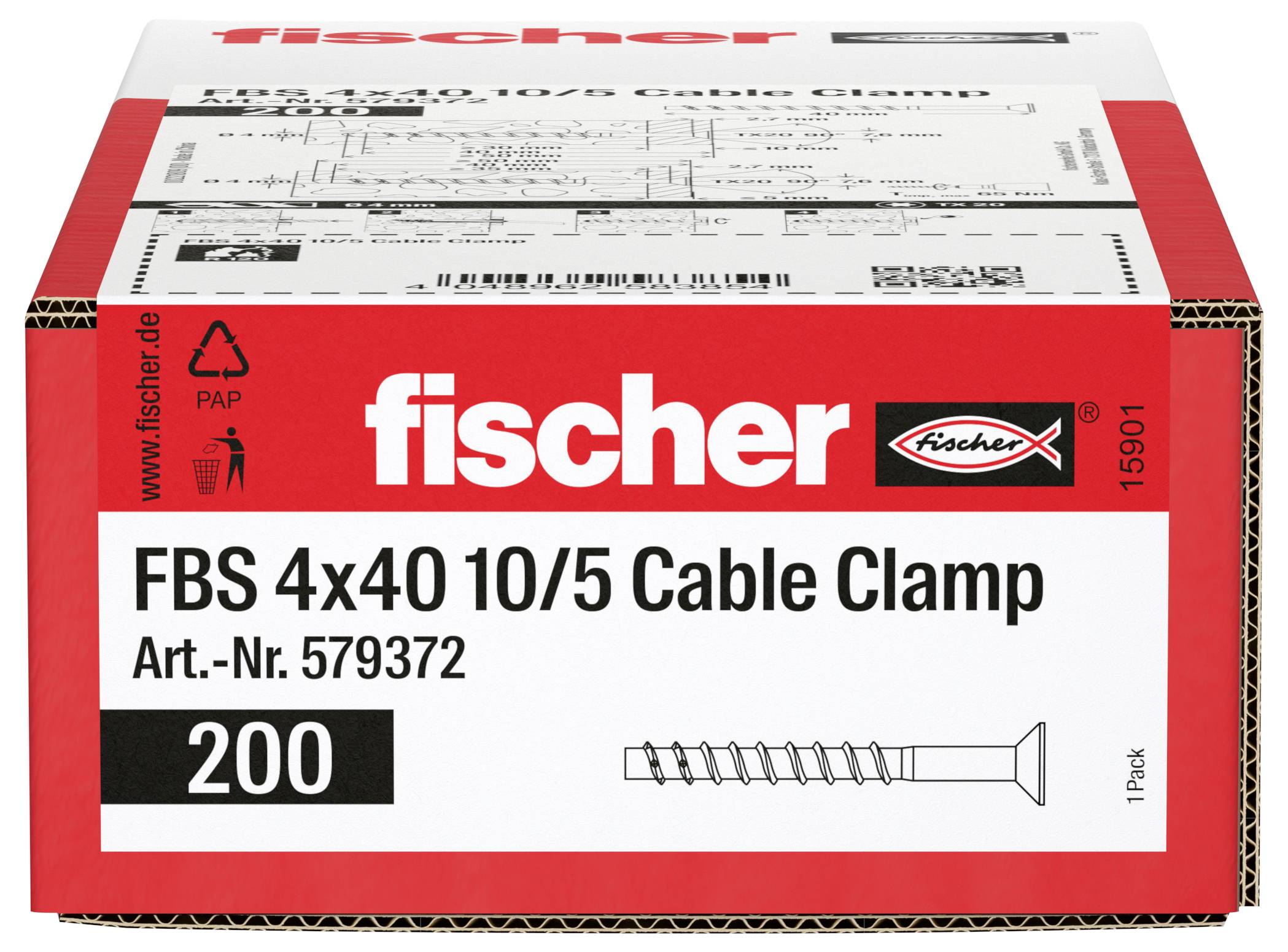 Scatola di fascette per cavi Fischer FBS 4x40, etichettata Art.-Nr. 579372 e confezione da 200.